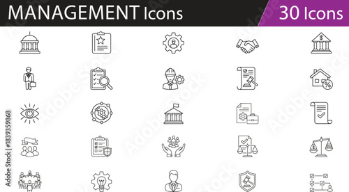 Business and law icons vector set, governance symbols, legal process elements, corporate structure, administrative tools, justice scales, editable line style, isolated, professional