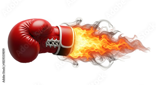 Red boxing glove punching with fire and smoke isolated on transparent background