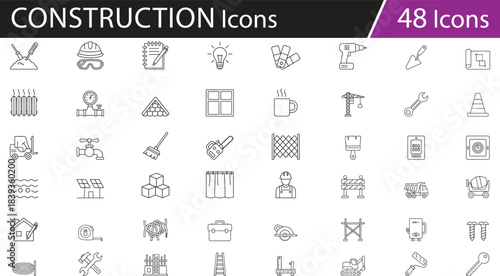 Construction icons vector set, engineering tools collection, home improvement symbols, building equipment, renovation elements, editable line style, isolated, professional, clean design, modern layout
