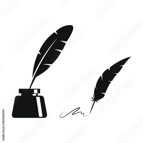Classic Quill Pen and Inkwell Silhouette Vector Artwork
