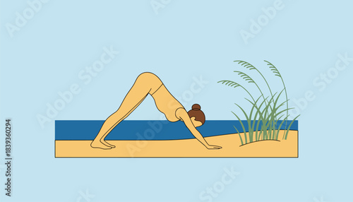 A woman in a downward dog position on a sandy beach with sea oats swaying in the ocean breeze.