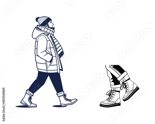 A stylish sketch of a person in winter attire, with a separate illustration of their boots