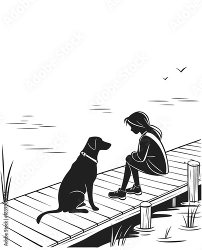 A black dog sits attentively beside a young girl on a wooden dock. They are near the water, with reeds visible