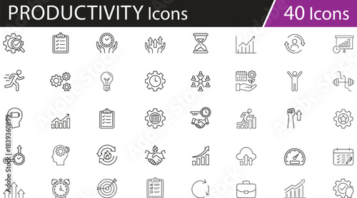Productivity icons vector set, business performance symbols, time management tools, teamwork elements, goal setting visuals, editable line style, isolated, clean design, professional, modern layout