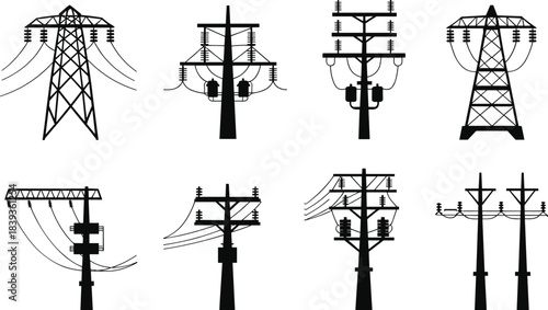 Set of Eight Silhouettes Featuring Transmission Towers and Utility Poles with Electrical Components for Power Grid and Engineering Reference