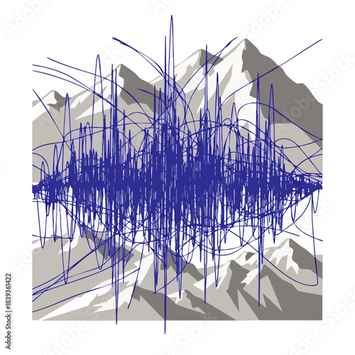 Abstract representation of a seismic wave disrupting a mountain landscape with chaotic blue lines.