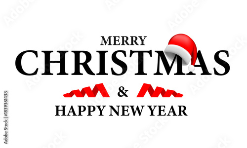 Merry Christmas and Happy New Year card black text red santa hat and ribbon on white design for holiday celebration vector
