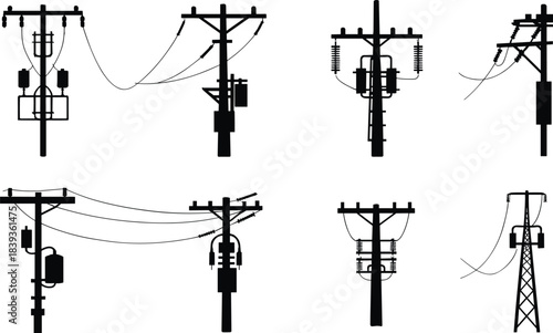Set of Six Utility Pole Silhouettes with Transformers, Insulators, and Power Lines for Electrical Infrastructure and Engineering Reference