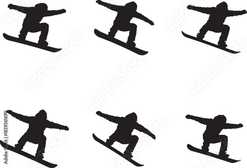 Set of dynamic silhouettes of a snowboarder in action performing various tricks and poses 