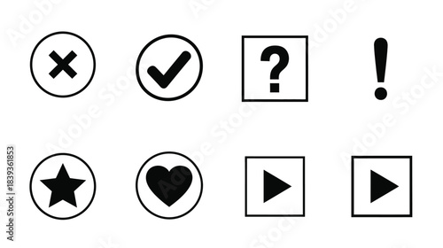 Black and white symbols checkmark x question mark heart and more