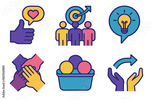 Teamwork Symbols. Supportive Work Culture Set flat set: encouragement card, collective goal symbol, clarity bubble, teamwork hands, resource pool, synergy arrow.