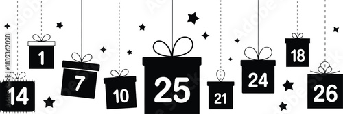 Create a detailed description of this colorful image featuring hanging gift boxes numbered for a festive countdown
