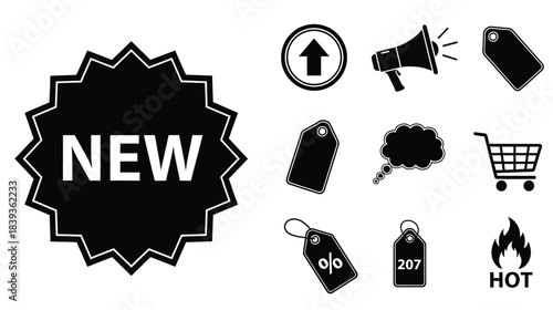 Black icons representing sales promotions and new offers for marketing