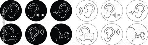 Hearing and Listening Icon set represents communication, sound awareness, modern minimal, design. This features an ear combined with sound waves, symbolizing hearing ability, active, and audio clarity