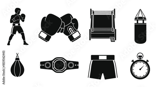 Black silhouette icons depicting boxing equipment a ring and athletic gear