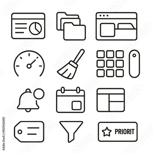 Organized Digital Workspace. Clean Digital Environment linear set: streamlined dashboard, sorted folder set, minimal tab bar, archive box icon, task sorter dial, digital broom,