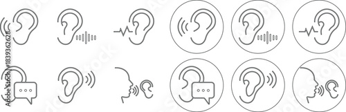 Hearing and Listening Icon set represents communication, sound awareness, modern minimal, design. This features an ear combined with sound waves, symbolizing hearing ability, active, and audio clarity