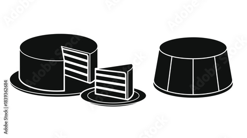 Black and white illustration of two cakes one sliced on plates