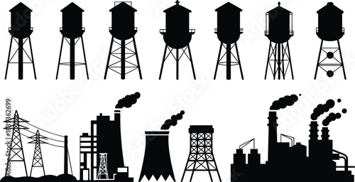 Silhouettes of Water Towers and Industrial Buildings with Power Lines and Chimneys for Infrastructure, Utility, and Engineering Design Projects