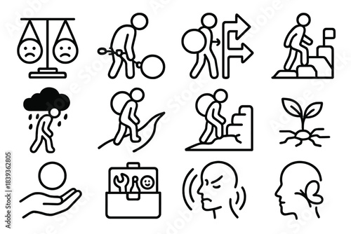 Icons of Life's Challenges. Life Burden Icons linear set: worry scale, responsibility chain, crossroads weight, challenge stones, setback cloud, burdened path, resilience sprout,