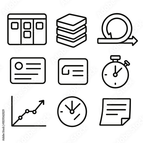 Agile Workflow Icons. Agile Workflow Elements linear set: sprint board, backlog stack, iteration loop, user story card, velocity chart, task estimate icon, stand-up timer, retro