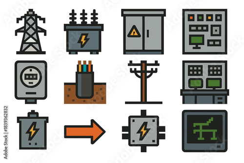Electric Grid Icon Set. Electrical Grid Elements set of icons in flat pixel vector style: transmission tower, step-down transformer, switchgear cabinet, relay panel, meter box,