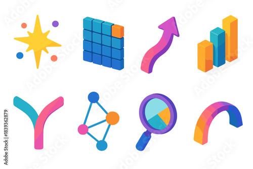 Intuitive vs Analytical Icons. Intuitive vs Analytical Pathways flat isometric set: intuitive-light spark, analytical-grid tile, instinctive arrow curve, logic-step bar, dual-path