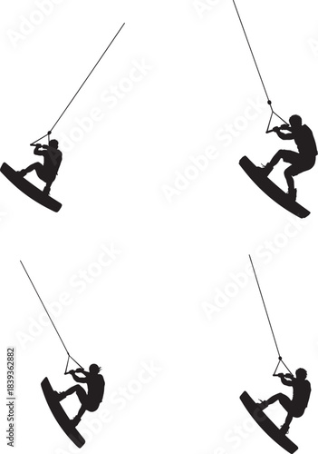 Four dynamic black and white silhouette illustrations of kitesurfers in action 