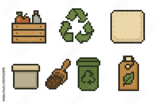 Sustainable Icon Set. Resource-efficient living set set of icons in flat pixel vector style: donation crate, repurpose symbol, refill station bottle, reusable cloth, storage tin,