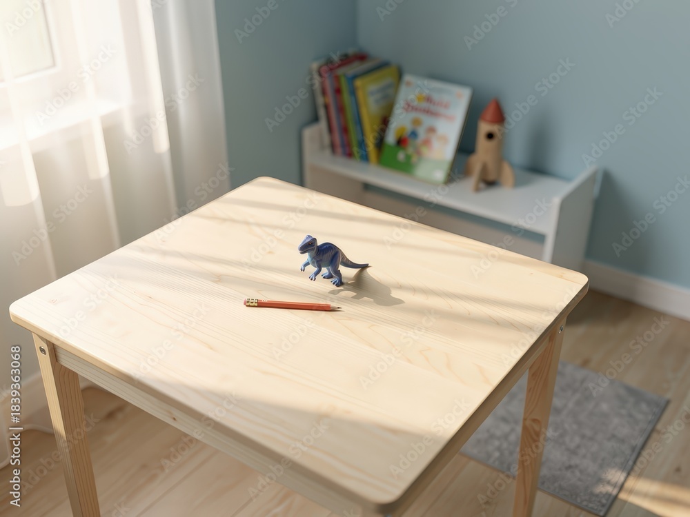 Obraz premium Empty children’s desk mockup in primary school boy bedroom, clean wooden table top with minimal decor, bright and playful Scandinavian kids room background, perfect for stationery and toy product plac