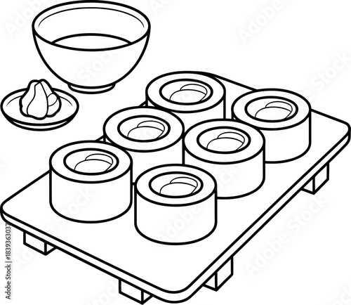 Classic Sushi Rolls and Wasabi Line Art