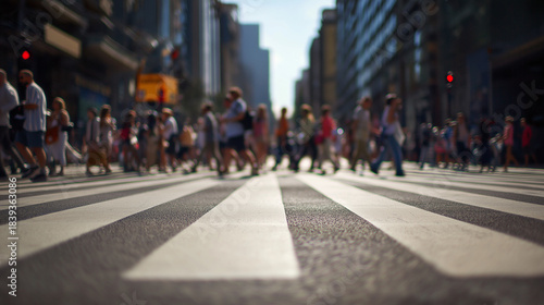 Crowd walking across city street intersection