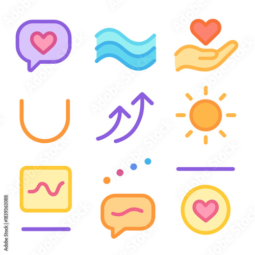 Supportive Icons Set. Supportive Tone Icons flat set: heart-infused bubble, gentle wave, empathy hand icon, soft light spark, comforting curve, reassuring arrows, warm aura, steady
