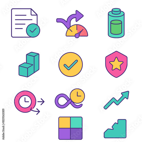 Resilient Time Management Icons. Resilient Time Management isometric flat set: backup plan sheet, contingency arrow, threshold gauge, energy-level meter, small-step icon, capacity
