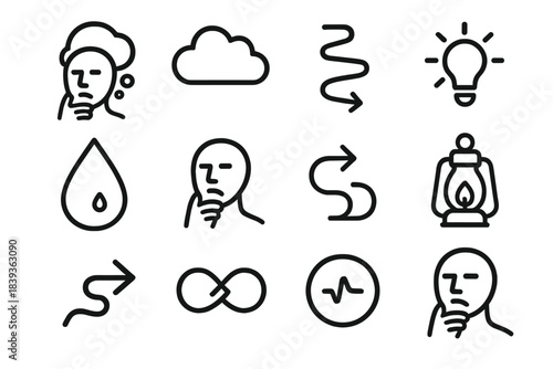 Introspective Icon Collection. Reflective Doubt linear set: pondering icon, clouded thought, wavering path, soft shadow, introspection droplet, uncertainty spark, shifting