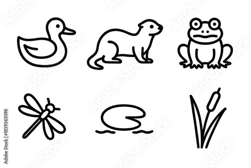 Wetland Fauna Icons. Wet Habitat Fauna linear set: duck outline, otter shape, marsh frog, insect hover, floating leaf, reed sprig.