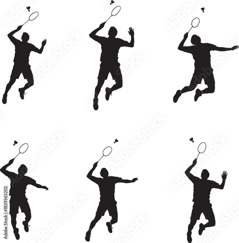 Collection of six dynamic badminton player silhouettes in action poses 