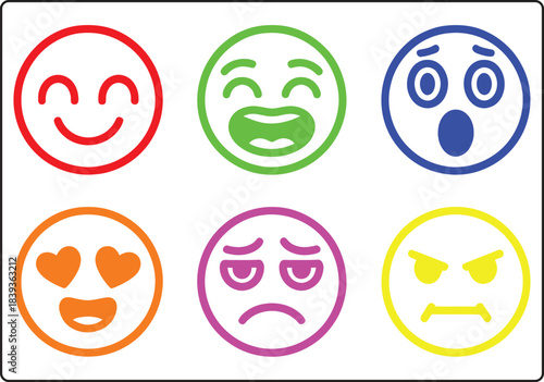 A set of eight simple, minimal, black and white line-art emoji icons enclosed in purple circles, depicting various emotions like happy, sad, surprised, and neutral, in a vector art style