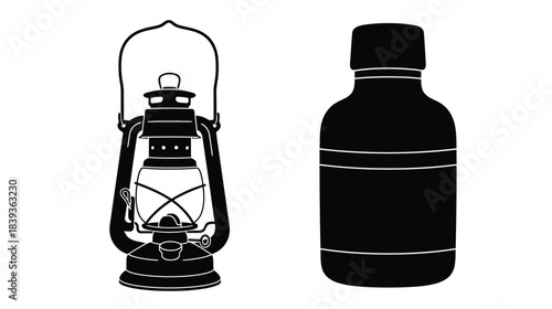 A black and white illustration depicting an old lantern and a bottle