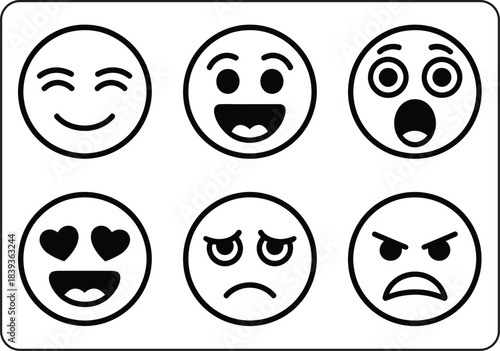 A set of eight simple, minimal, black and white line-art emoji icons enclosed in purple circles, depicting various emotions like happy, sad, surprised, and neutral, in a vector art style