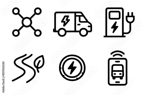 Electric Transit Icons. Clean transport network linear set: network nodes, electric van, charging dock, green lane, mobility token, smart transit icon.