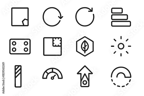 Regenerative Icon Grid. Regenerative Supply Grids linear set: reclaimed resource tile, loop-cycle node, recirculation arrow, material renewal bar, modular reuse plate, upcycling