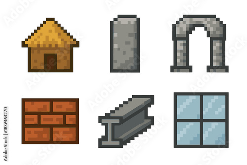 Architectural Icon Set. Architectural Development Elements set of icons in flat pixel vector style: simple hut, stone slab, arch segment, brick course, steel girder, curtain wall