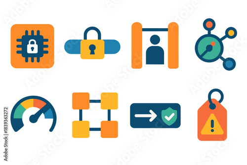 ICS Security Icons. ICS security measures flat set: hardened controller tile, encrypted link bar, access gate icon, threat detection node, resilience gauge, segmentation panel,