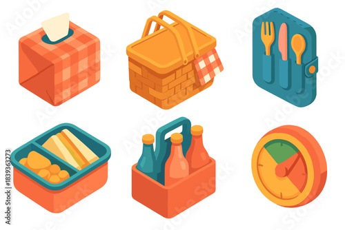 Picnic Kit Icons. Picnic Kit Collection flat isometric set: napkin pack, picnic hamper, utensil pouch, snack box, beverage carrier, readiness dial.