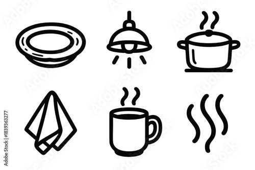 Cozy Kitchen Icons. Homey Food Atmosphere linear set: rustic plate, glowing kitchen light, simmering pot, cloth napkin fold, warm mug, inviting scent wave.