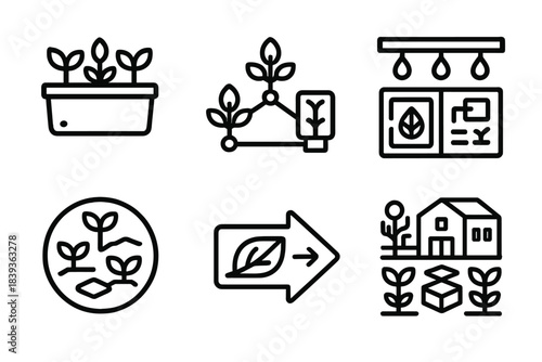Urban Garden Icons. Urban Gardening Set linear set: balcony planter tile, shared garden node, drip irrigation bar, plant-cluster ring, green corridor arrow, nutrient hub panel,