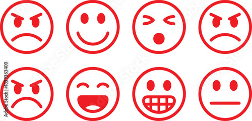 A set of eight simple, minimal, black and white line-art emoji icons enclosed in purple circles, depicting various emotions like happy, sad, surprised, and neutral, in a vector art style