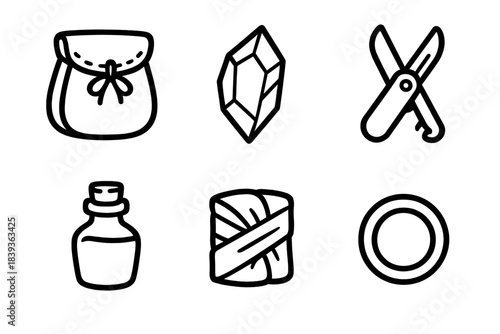 Inventory Collected Icons. Collected Inventory Pieces linear set: leather pouch, crystal fragment, utility tool, sealed bottle, cloth wrap, token disc.