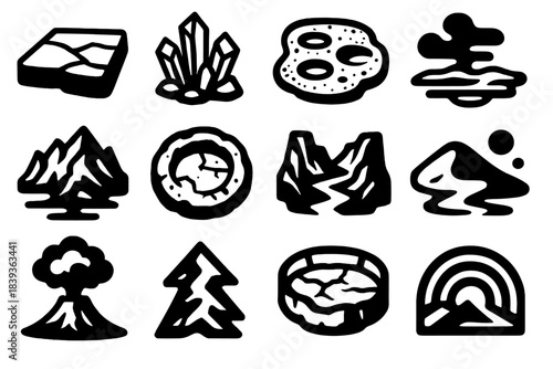 Alien Landscape Icons. Unknown World Landscapes silhouette set: barren plateau tile, exotic mineral outcrop node, crater belt bar, methane mist patch, mountain spine stripe, polar